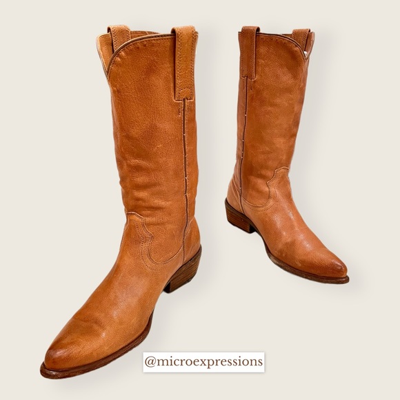 Frye Carson Pull Up Cognac Everyday Cute Genuine Leather Low Heel Cowboy Boot - Picture 10 of 11